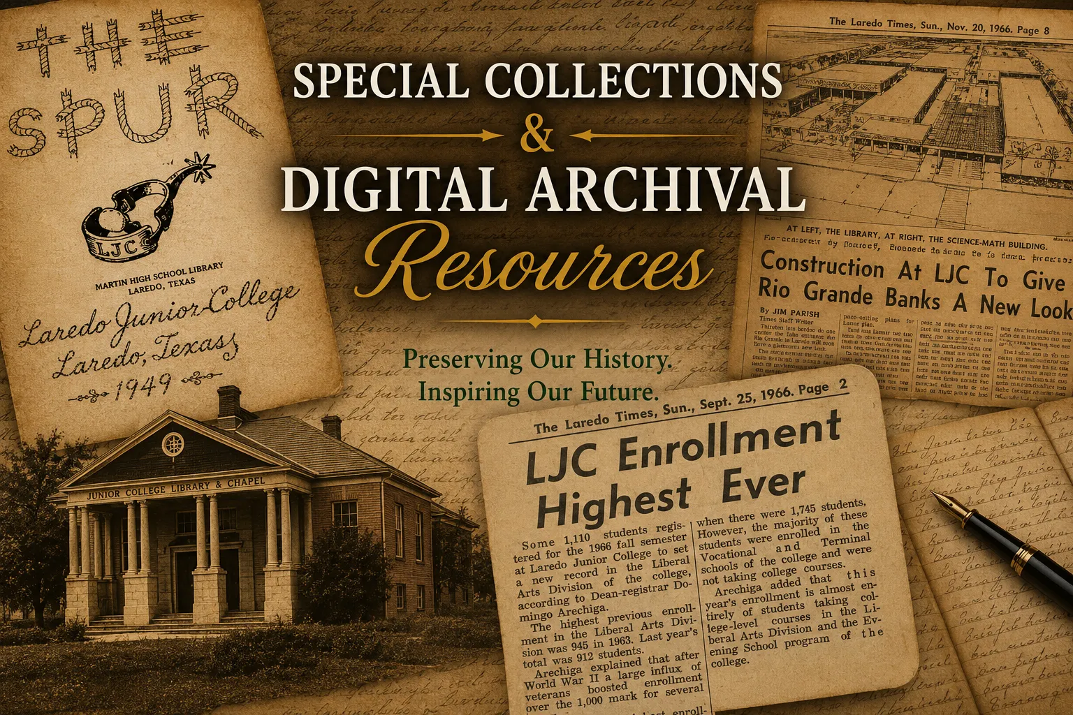 Laredo College Special Collections and Digital Archival Resources banner featuring historical photographs, newspapers, and archival documents.