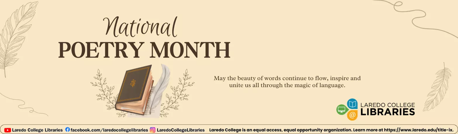 National Poetry Month banner with book and feather illustration and inspirational quote, Laredo College Libraries