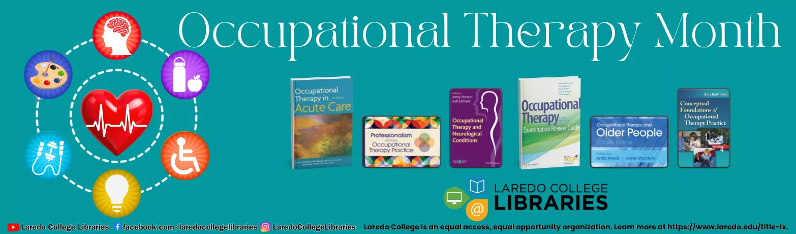 Occupational Therapy Month banner with healthcare icons and books, Laredo College Libraries