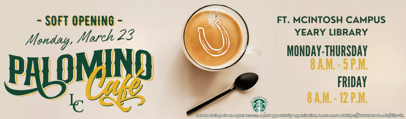 Palomino Cafe soft opening announcement with coffee cup image and library hours for Yeary Library