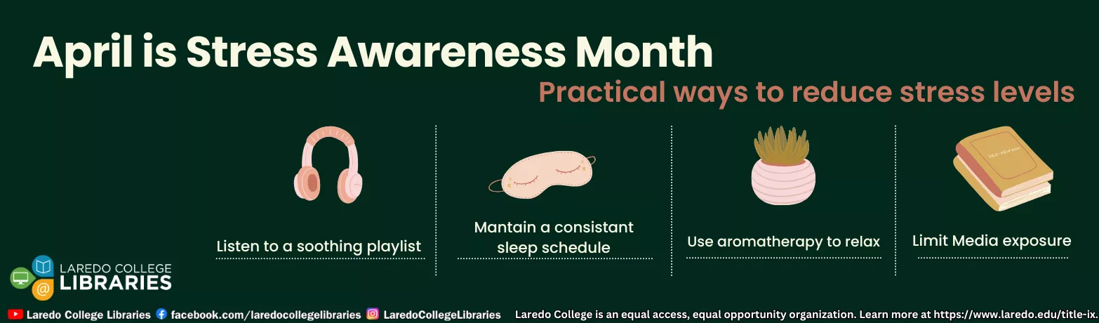 April Stress Awareness Month banner with tips for reducing stress.
