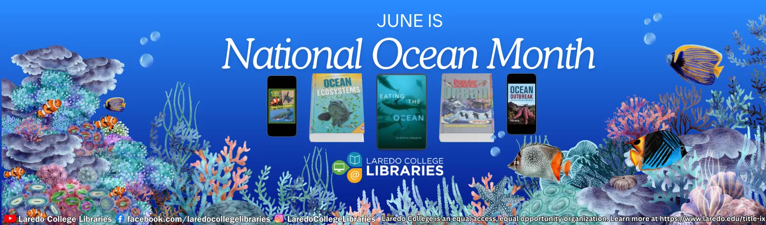 National Ocean Month banner featuring colorful coral reefs, tropical fish, and ocean-themed books.