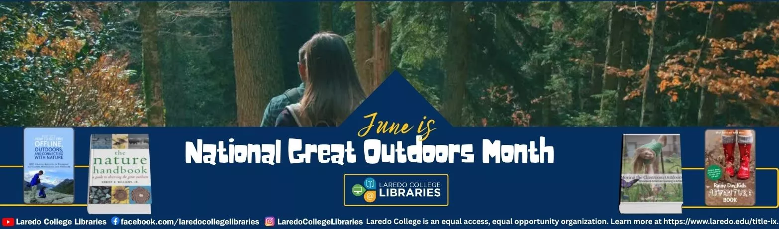 National Great Outdoors Month banner featuring a forest scene, hikers, and nature-themed books.