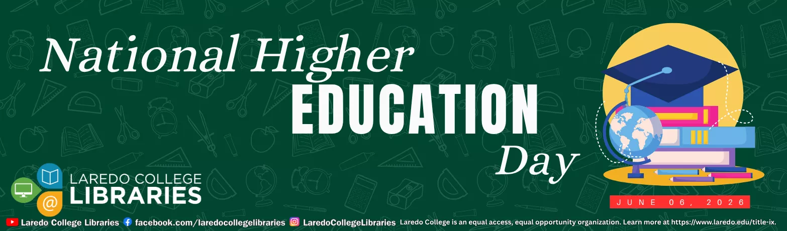 National Higher Education Day banner featuring a graduation cap, books, and globe on a green educational background.