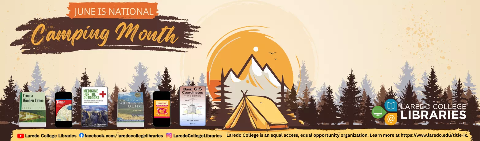 National Camping Month banner featuring a campsite, mountains, trees, and outdoor recreation books.
