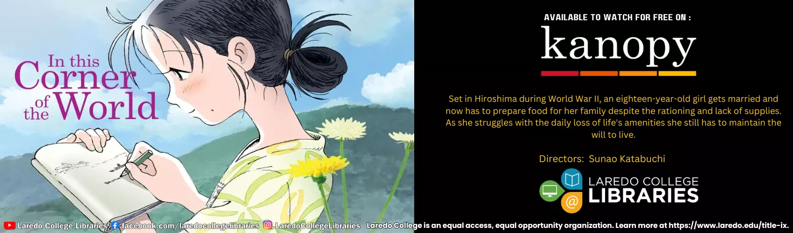 Kanopy film banner featuring In This Corner of the World with an animated young woman sketching in a notebook against a scenic background.