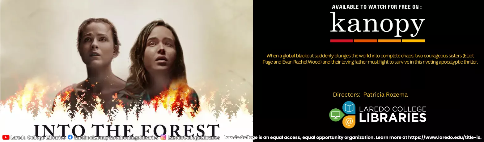 Kanopy film banner featuring Into the Forest with two women against a backdrop of flames and trees.