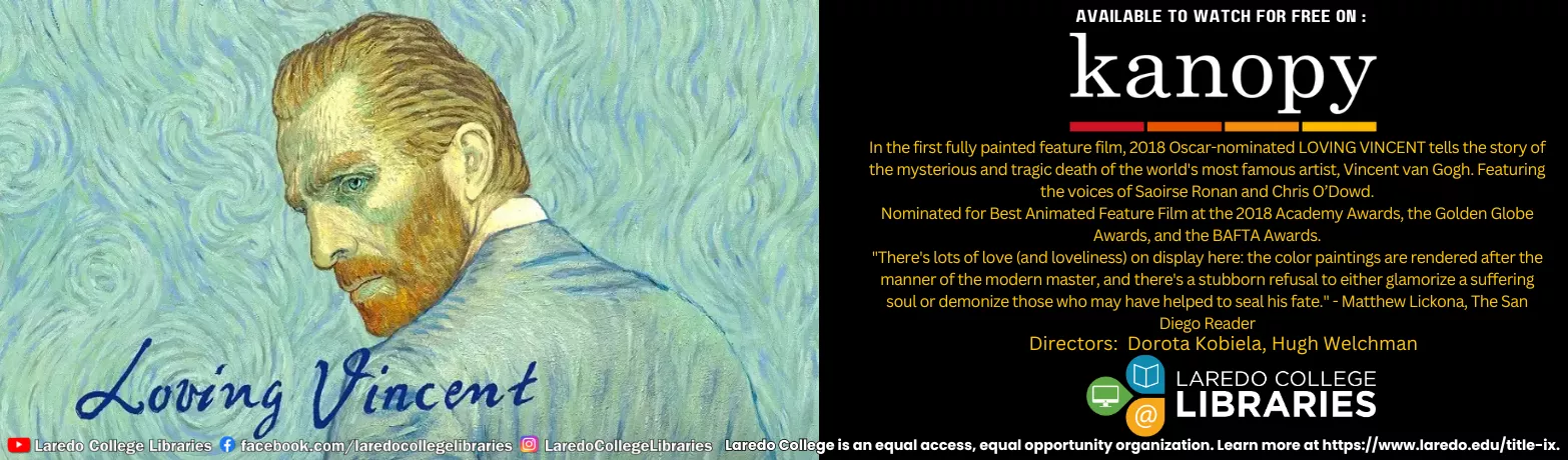 Kanopy film banner featuring Loving Vincent with a painted portrait of Vincent van Gogh in his signature artistic style.
