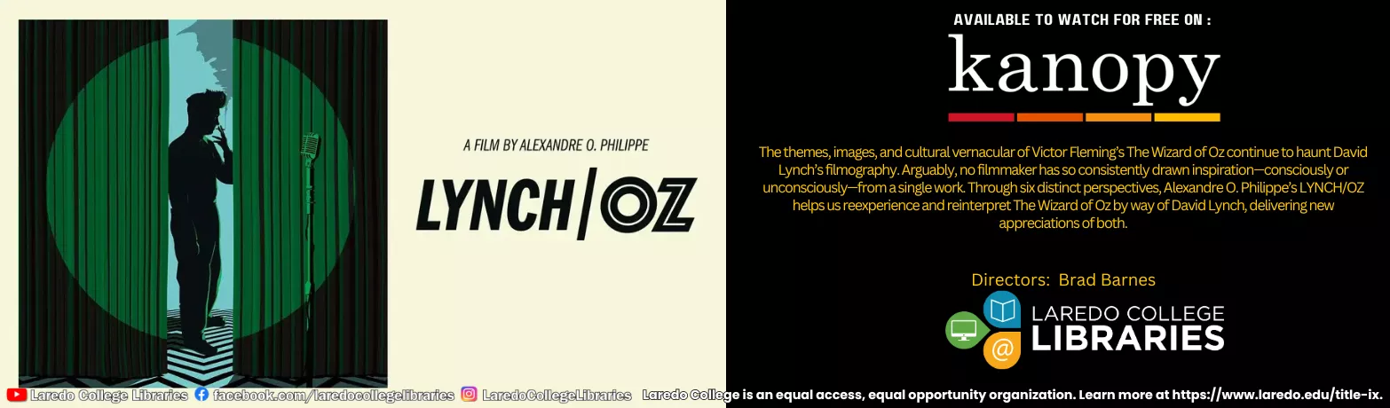 Kanopy film banner featuring Lynch/Oz with a silhouetted figure and information about the documentary.