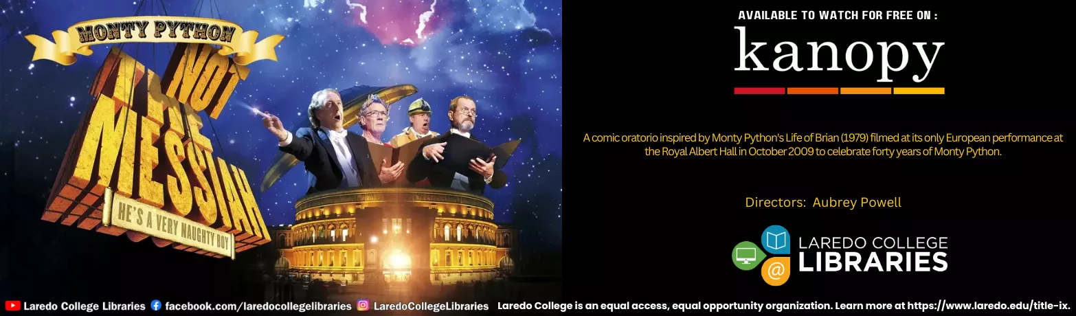 Kanopy film banner featuring Monty Python: Not the Messiah with performers on stage and a starry background.