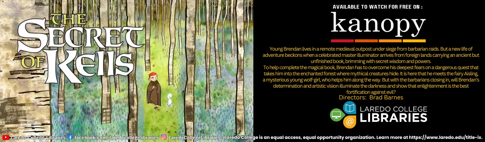 Kanopy film banner featuring The Secret of Kells with an illustrated forest scene and animated characters.