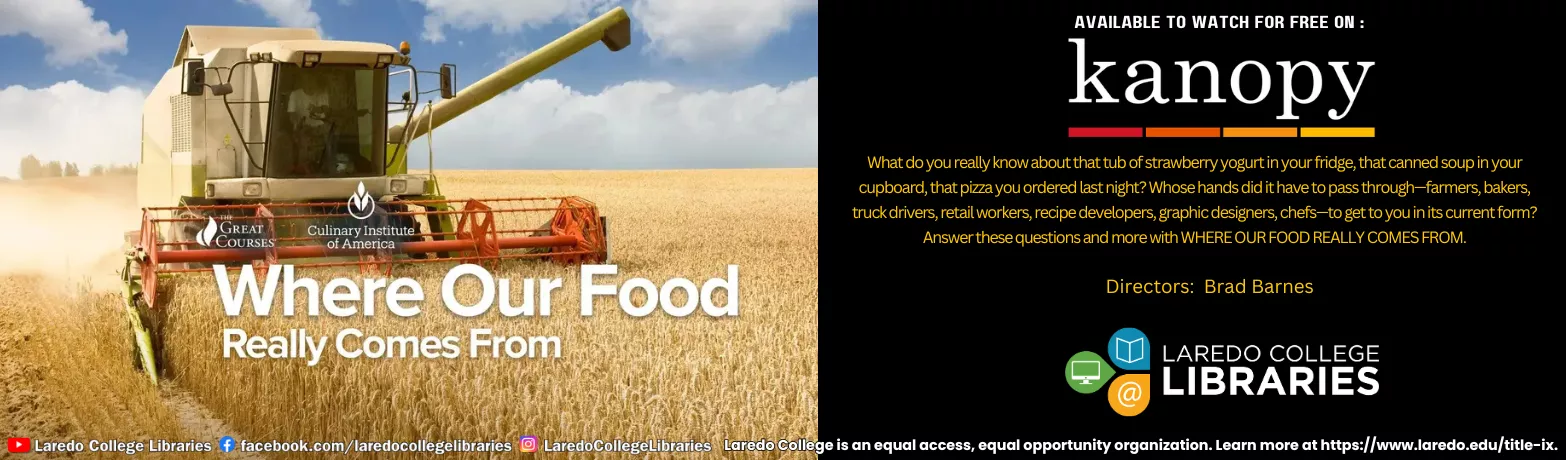 Kanopy educational banner featuring Where Our Food Really Comes From with a combine harvester in a wheat field.
