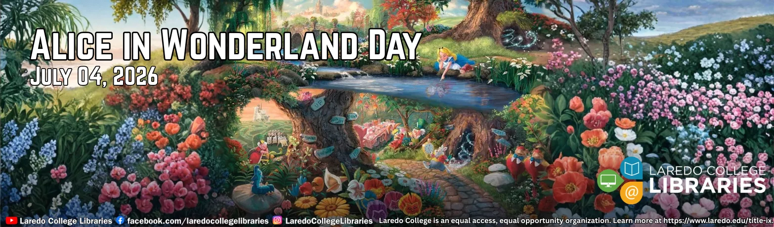 Alice in Wonderland Day, July 4, 2026 — illustrated Wonderland garden scene with Alice and a pond.