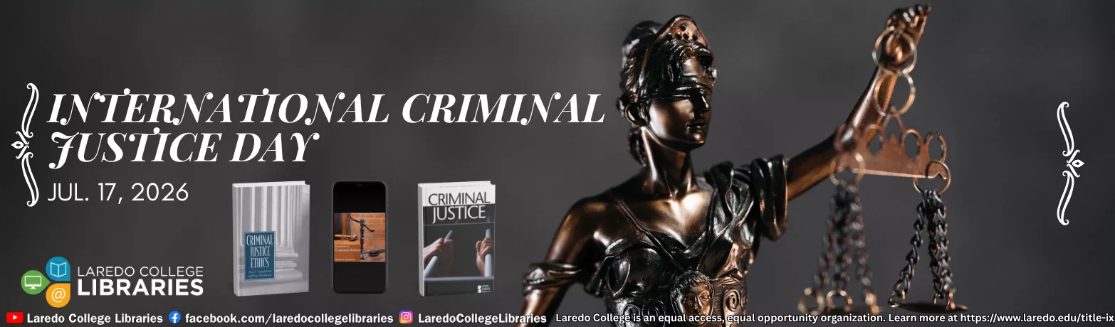  International Criminal Justice Day, July 17, 2026 — Lady Justice statue with criminal justice book covers.
