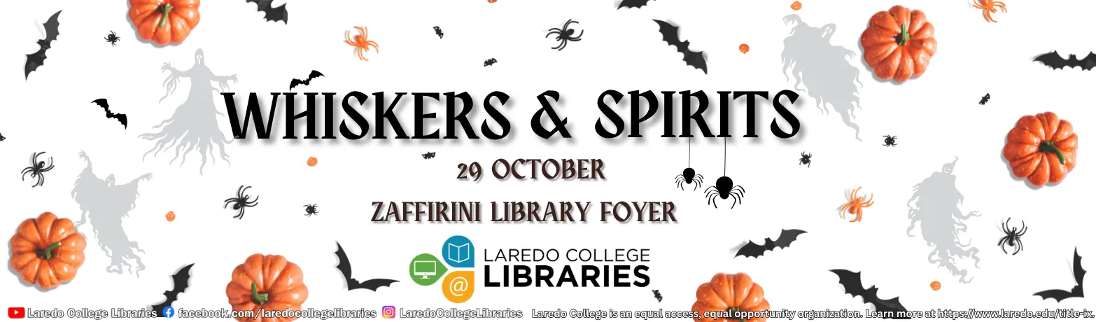 Whiskers &amp; Spirits, Oct. 29 at the Zaffirini Library foyer, featuring a Halloween-themed design with pumpkins, bats, ghosts, and spiders.